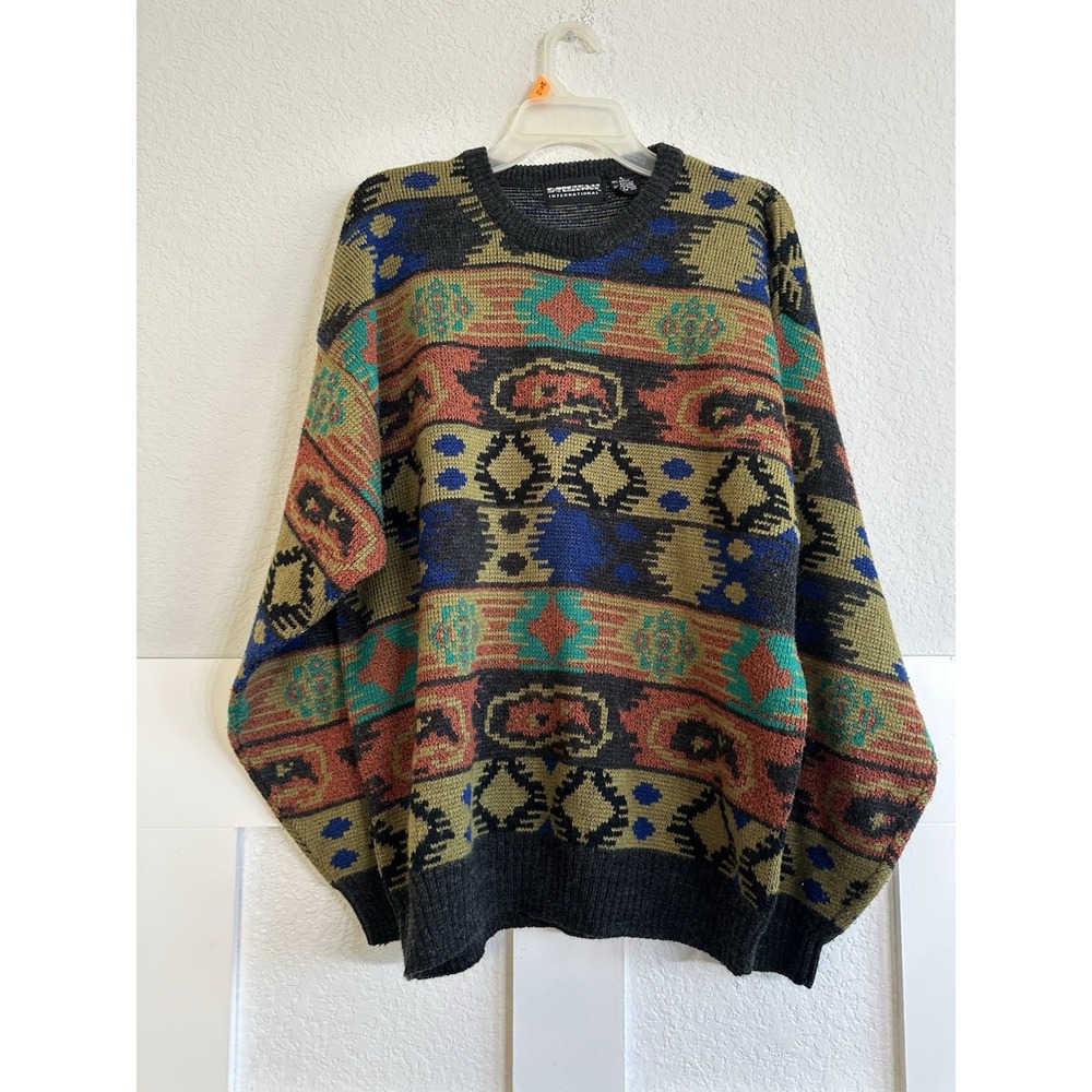 Vtg Expressions International Aztec Sweater Mens XL Geometric Knit Grandpa 90s
